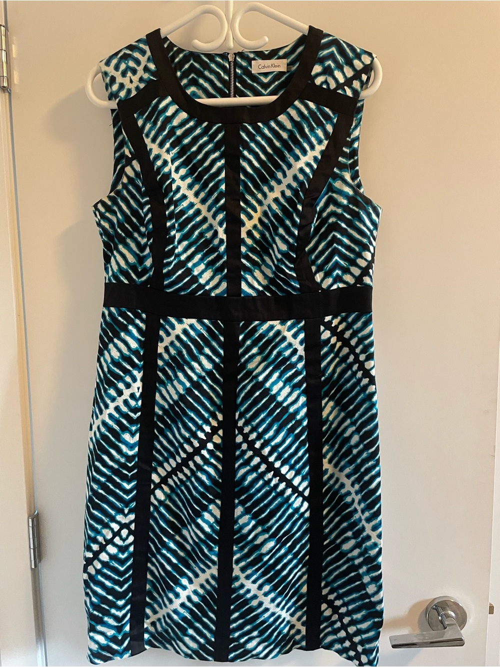 Calvin Klein Black-Trim Teal & White Patterned Sheath Dress